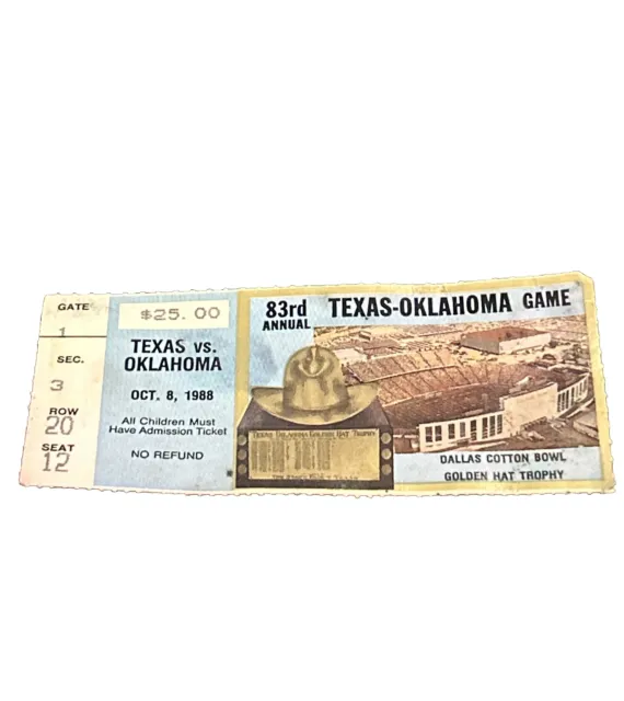 1988 Oklahoma Sooners Texas Longhorns Football Ticket Stub Cotton Bowl Holieway