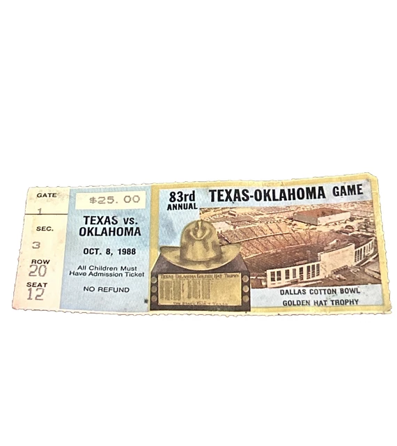 1988 Oklahoma Sooners Texas Longhorns Football Ticket Stub Cotton Bowl Holieway
