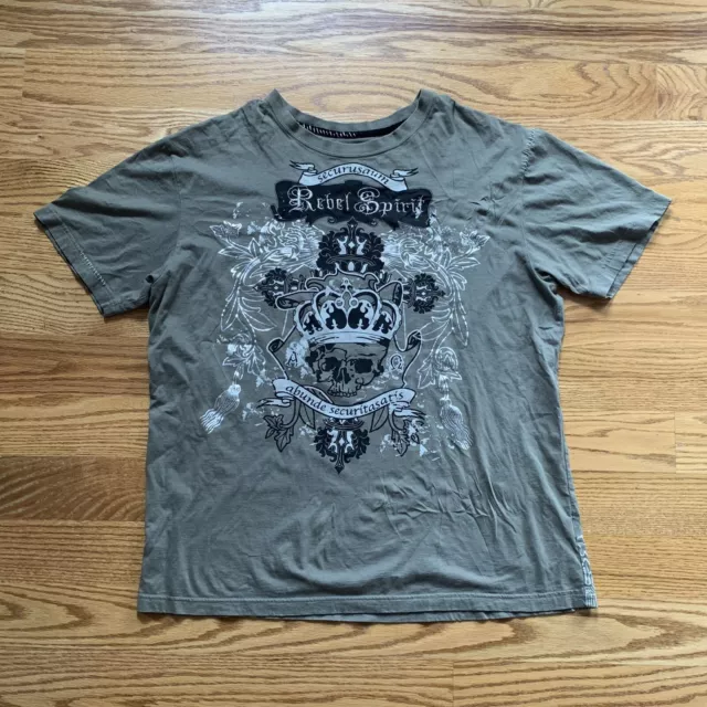 Rebel Spirit Olive Green Short Sleeve Shirt Skull Crown Light Distressed Men 2XL