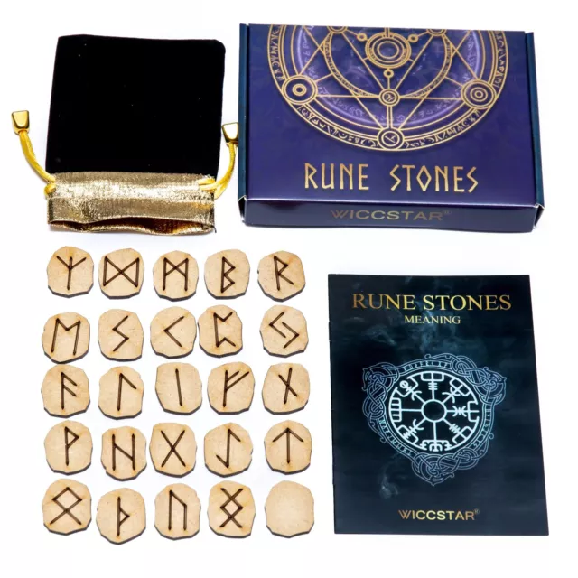 25 Wooden Rune Stone Bag set with 5 Layouts & Meaning Parchment. Futhark Runes