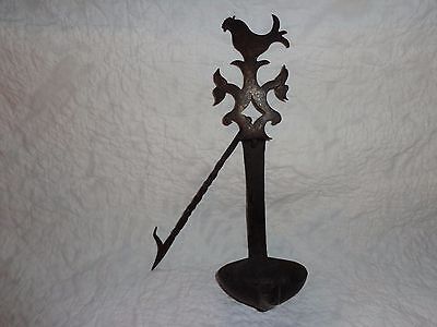 Antique Late 18th, Early 19th Century Wrought Iron Cruise Lamp w Rooster Finial