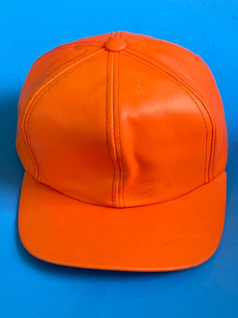 VTG HUNTING CAP vinyl BLAZE ORANGE SAFETY TRUCKER HAT MENS SNAPBACK 6 PANEL VG