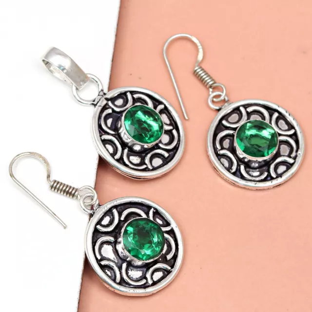 Set Pendant Emerald Silver 925 Earrings Plated Simulated Jewelry Handmade