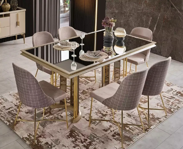 Muebles de comedor de acero inoxidable conjunto mesa de comedor sillas muebles elegantes diseño 7 piezas