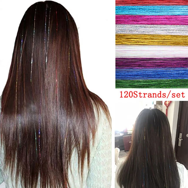 120 hebras de cabello oropel seda ostentoso cabello llamaradas hebras brillo arco iris cabello .HE