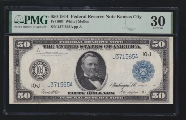 US 1914 $50 FRN Kansas City FR 1063 PMG 30 VF (565) VERY SCARCE TYPE!