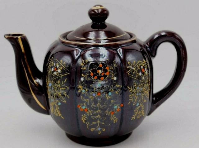 Vintage Brown Ceramic Hand Painted Teapot Floral Gold Trim Made in Japan 61/2"