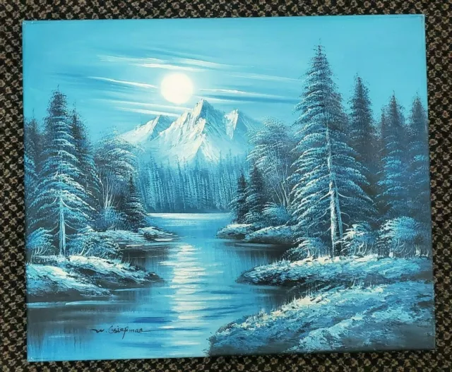 River mountains Sun Hand Painted Original Oil Painting by W. Gsiefman Snow Trees