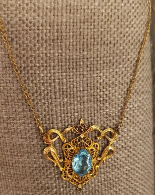 Vintage  ART DECO Blue Topaz Stone Filigree  Pendant Necklace  14 Inches