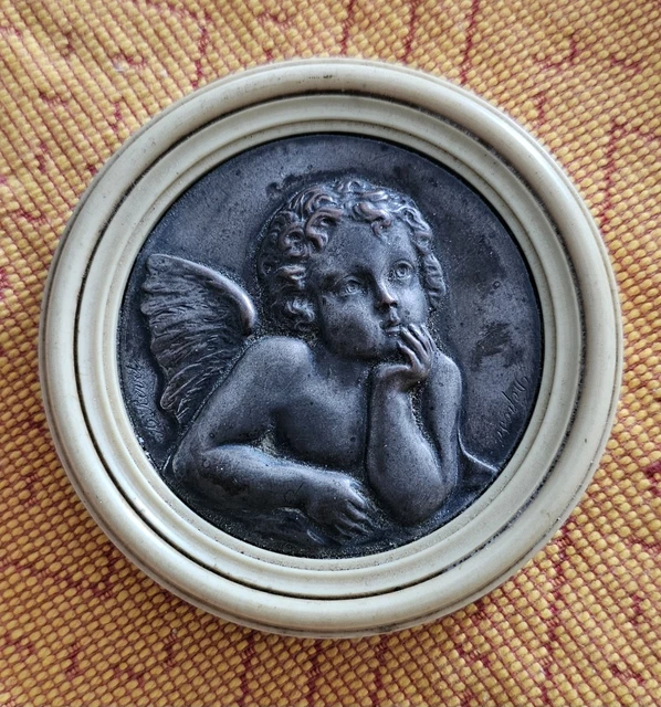 Médaille De Berceau Art Déco - Argent Sur Bakélite - Ange Chérubin L. De Helly