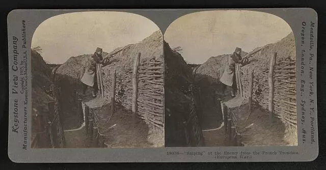 Photo:"Sniping" at the enemy from the French trenches. (European War.)