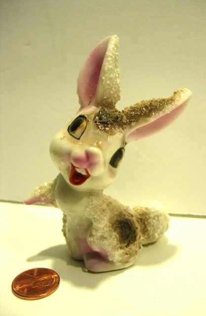 vintage BUNNY RABBIT EASTER FIGURINE HOME DECOR CERAMIC white brown japan 3.5"