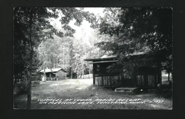 Tenstrike Minnesota MN 1956 RPPC Cedar Rapids Resort Log Cabins at Medicine Lake