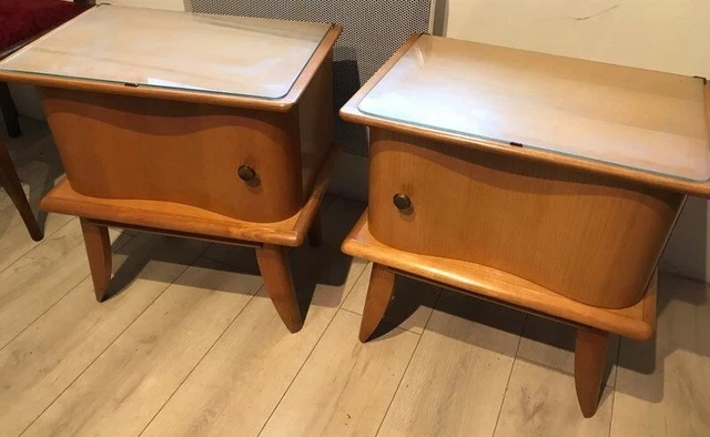 french modern mid century 60s vintage 2 nightstands bedside tables retro wood