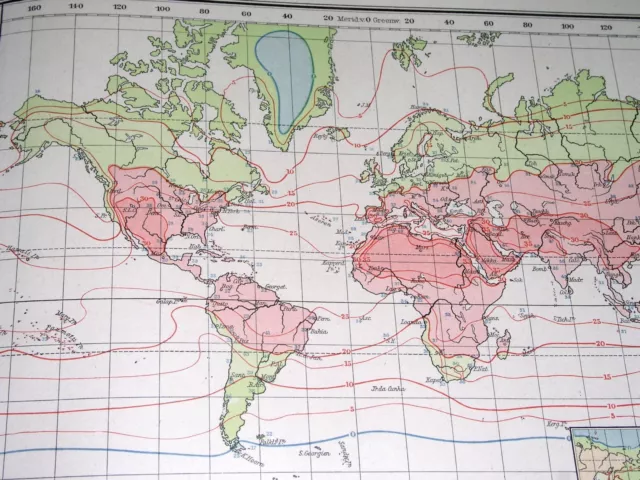 1922 Vintage Chart Climatic Map The World Weather Isotherms America Asia Europe 2