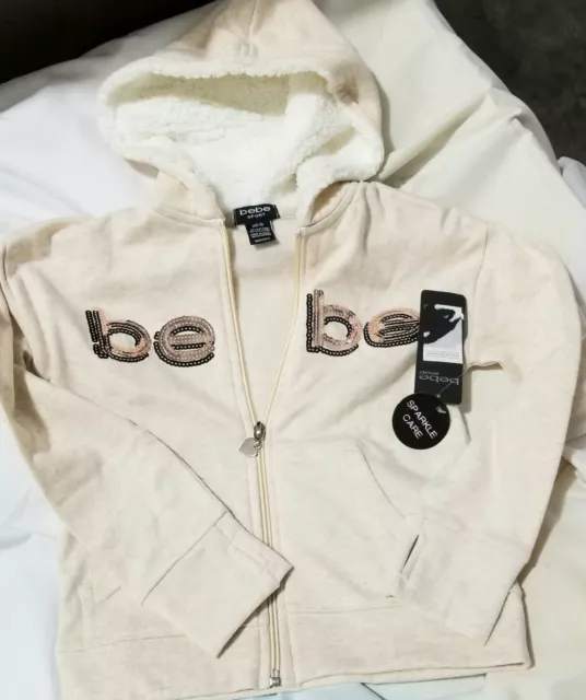 bebe Sport Kids M 5/6 Zip Hoodie Sparkle Front, Finger Cuff Sherpa Lined Hood