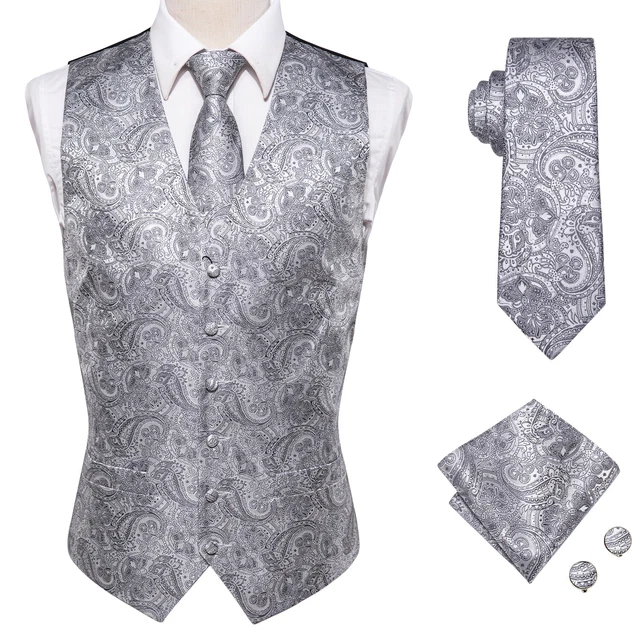 Mens Formal Dress Vest Silk Tie Set Black Paisley Floral for Wedding Suit S-3XL