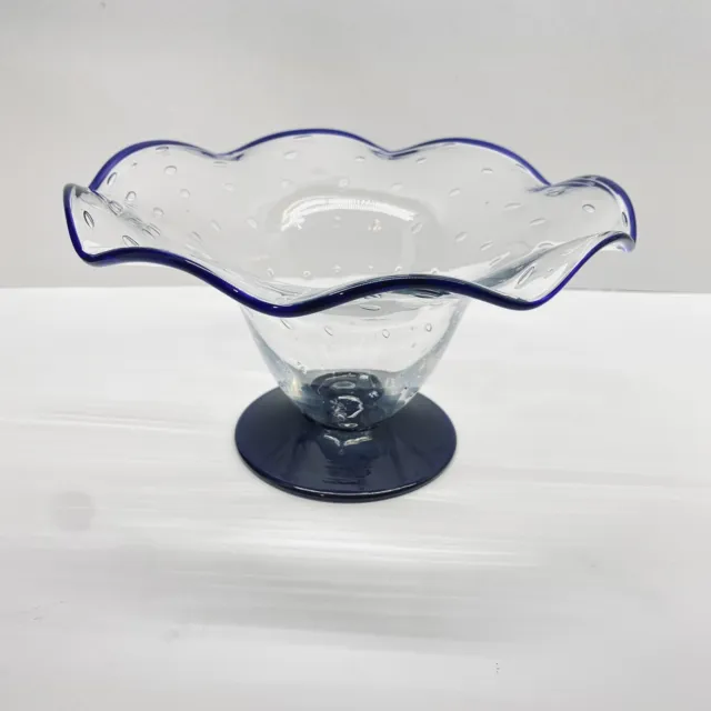 Vintage Hand Blown Art Glass Bowl Bullicante Bubbles clear Blue Compote