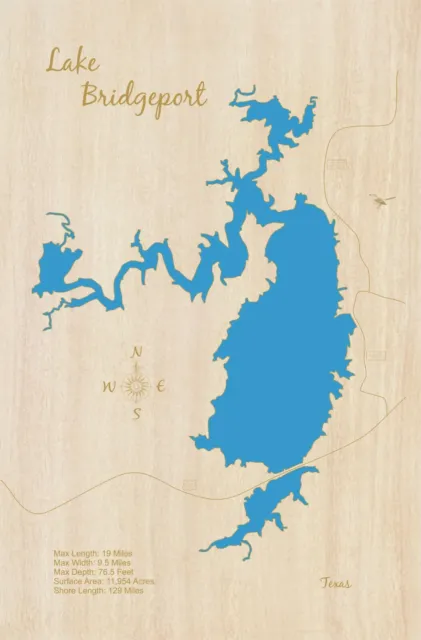 Lake Bridgeport, Texas - Laser Cut Wood Map | Wall Art | Made to Order