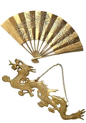 Set of 2 Solid Brass Asian Flying Dragon Phoenix Fan Wall Decor Hanging Mount
