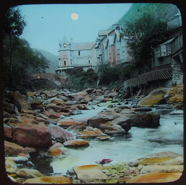 Glass Magic Lantern Slide LYNMOUTH BRIDGE AT NIGHT C1900 PHOTO DEVON