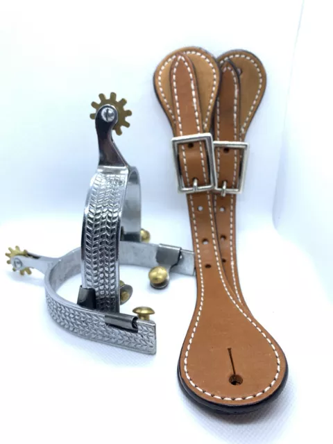 Western Show Spurs with Engraved Herringbone Pattern Spur Straps Included- Adult