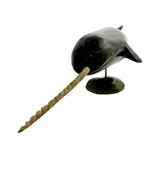 Whale with Horn Sculpture Alaskan Carved Soapstone Statue on Base Vintage Decor