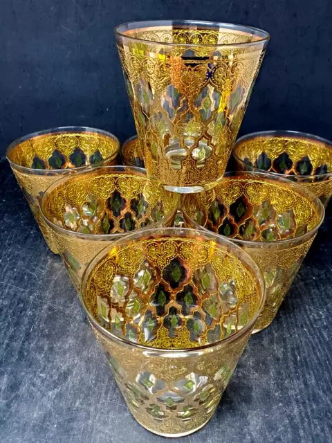 (7) CULVER Valencia 22k Gold Gilded Lowball Rocks Glasses MCM Barware Vtg w/Box