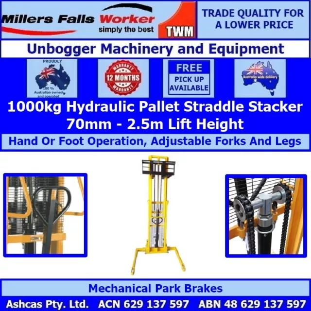 Millers Falls 1000kg Manual Forklift Pallet Straddle Stacker Hydraulic 2.5m Lift