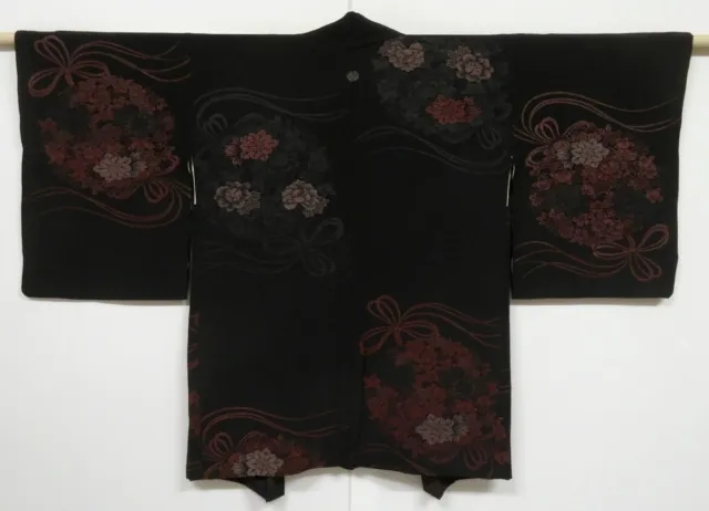 1203N05z580 Vintage Japanese Kimono Silk HAORI Black Flowers