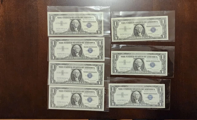 1957 A  Silver Certificat One Dollar Bill $1  (7) Consecutive Serial Numbers.