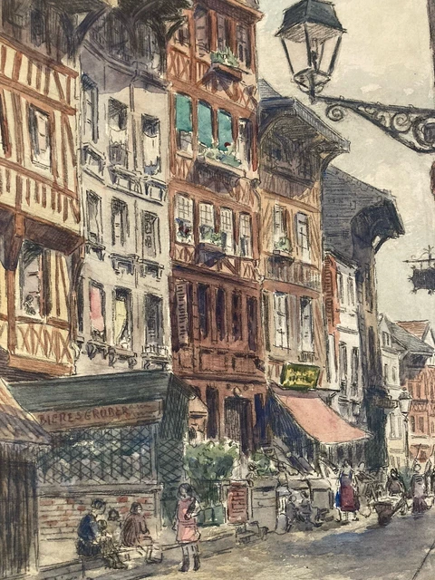 DESSIN AU CRAYON vintage scène de paysage de travailleurs au repos EUR