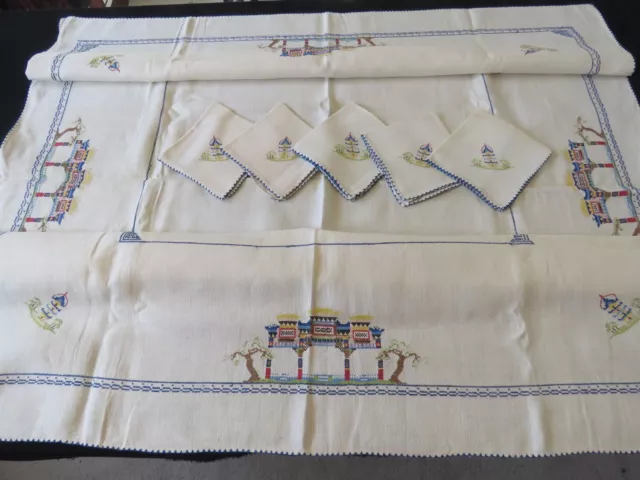 Vintage Tablecloth Napkins Asian Set Embroidery Pagoda Linen Cross stitch