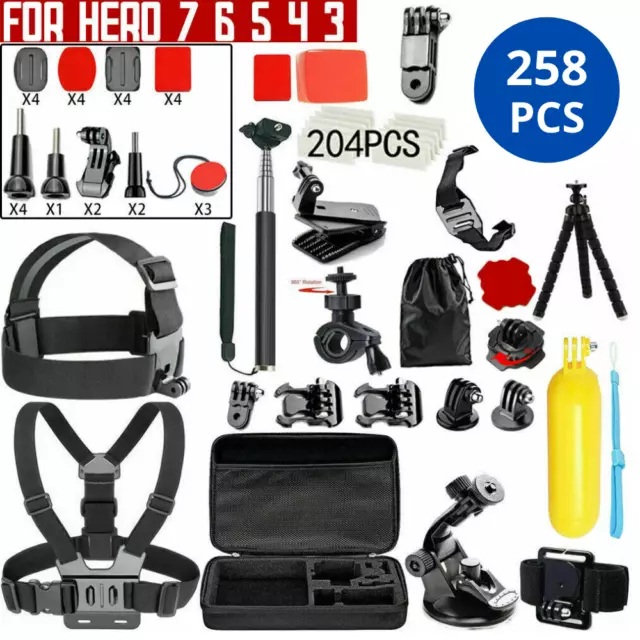 258pcs GoPro Accessories Pack Case Chest Head Floating Monopod Hero 7 6 5 4 3 AU