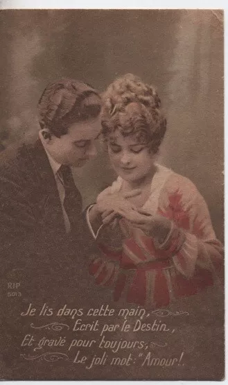 CPA Military Fantasy - Couple in Love, I Read in This Hand the Word "Love"
