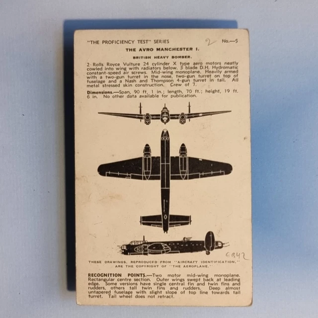 WW2 AIRCRAFT RECOGNITION Postcard C1940 AVRO Manchester I Bomber RAF £7