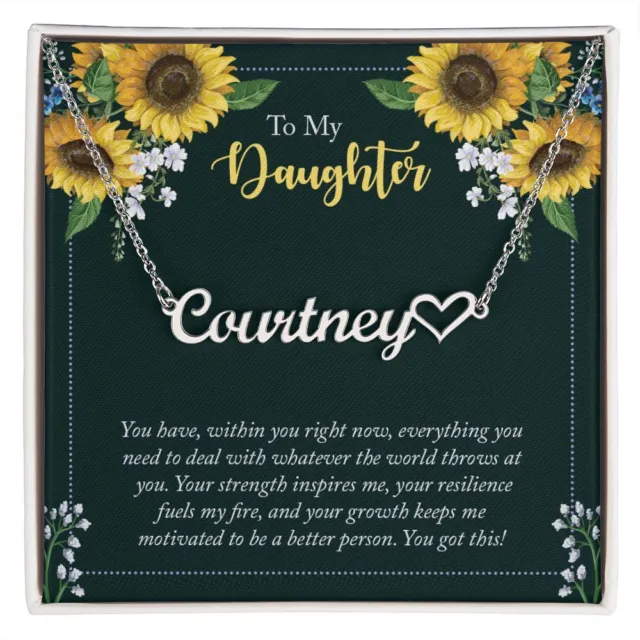 To My Daughter - Sunflower - Personalized Name Necklace With Heart