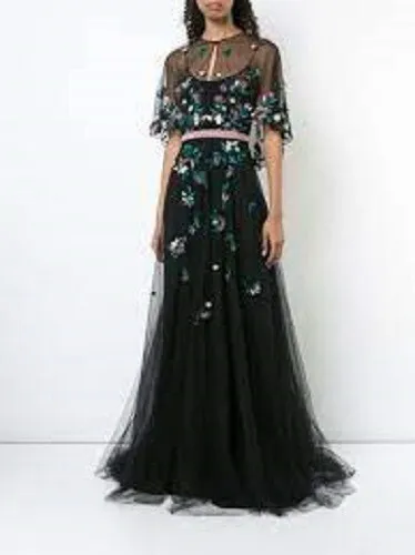 $1095 NEW Marchesa Notte Embroidered 3 D Tulle Gown w Cape Black Dress 2 6 8 14