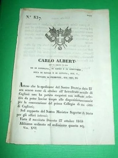 Decreti Regno Sardegna Convocazione Primo Collegio Elettorale di Cagliari 1848