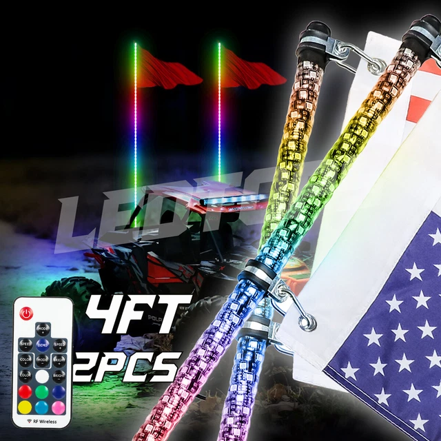 4ft RGB Spiral LED Whip Lights Antenna Chase w/ Flag Remote for ATV UTV JEEP