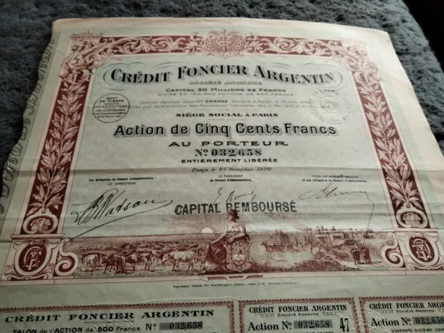Credit Foncier Argentin Aktie über 500 Francs 1920 - über 100 Jahre alt + deko
