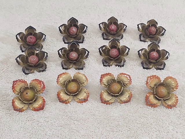  12  VINTAGE 1920's  METAL  FLOWERS  CURTAIN TIE BACKS PIN BUTTONS OLD PAINT