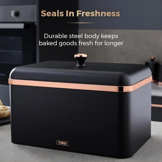 TOWER CAVALETTO BREAD Bin Black & Rose Gold T826130BLK Kitchen Storage Bread Bin £49.95