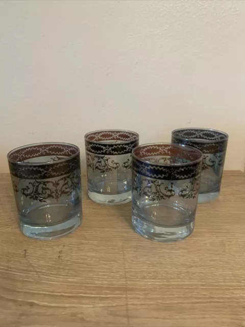 Vintage Aqua Rocks Glasses with Silver Victorian Style Overlay Set of Four