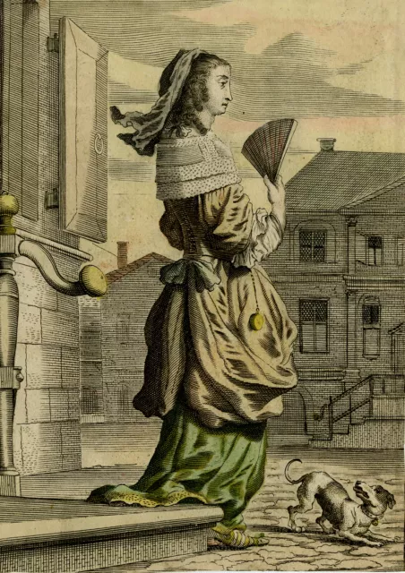 Rare Antique Master Print-GENRE-FASHION-WOMAN WITH FAN-Eeckhoudt-Troyen-ca. 1660