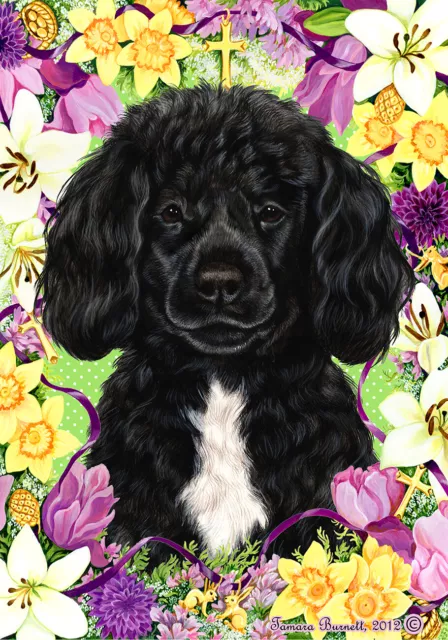 Easter House Flag - Black and White Portuguese Water Dog 33489
