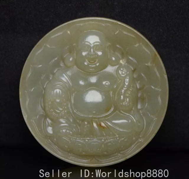 2.1" Old Chinese Hetian Nephrite Jade Happy Laugh Maitreya Buddha Amulet Pendant