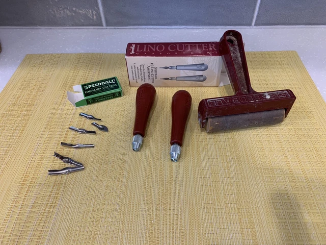 Lote de cortadores de linóleo vintage Speedball no 1 con cortadores adicionales con rodillo
