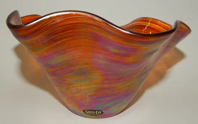 Glass Eye Studio Hand Blown Orange Iridescent Glass Ruffled Bowl USA