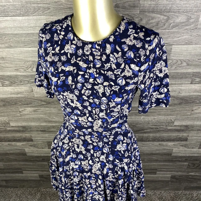H&M Round Neck Short Sleeve Blue Floral Casual Dress Women's Size 2